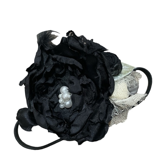 Black ivory and silver one of a kind oversized flower headband bow fascinator - Picture 2 of 6